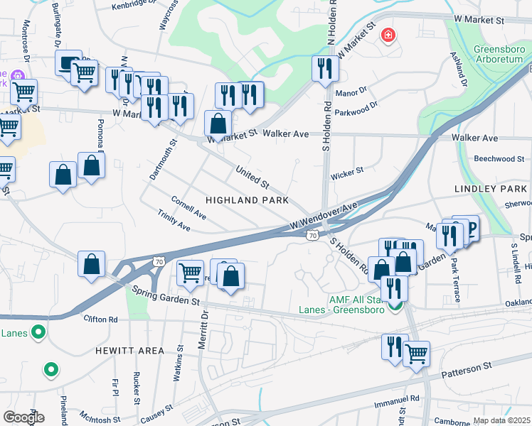 map of restaurants, bars, coffee shops, grocery stores, and more near 4217 Princeton Avenue in Greensboro