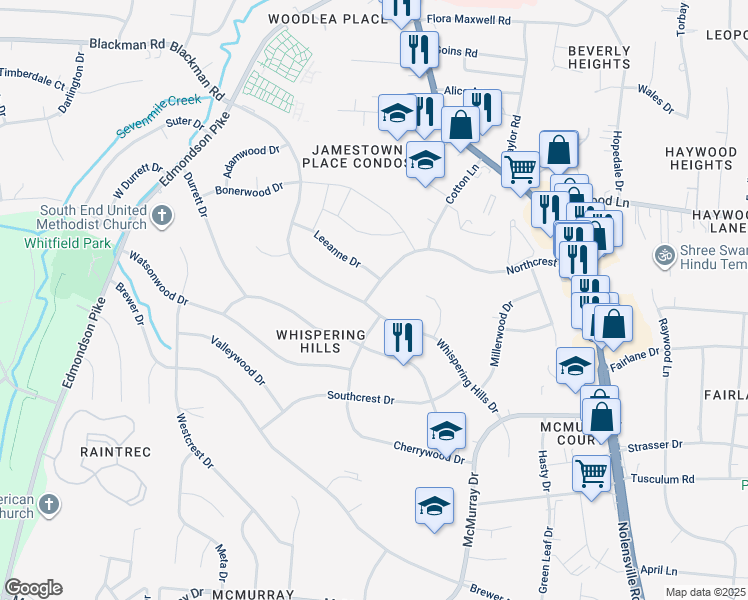 map of restaurants, bars, coffee shops, grocery stores, and more near 541 Northcrest Drive in Nashville