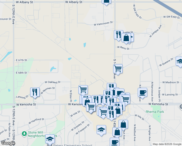 map of restaurants, bars, coffee shops, grocery stores, and more near 2602 West Oakland Place in Broken Arrow