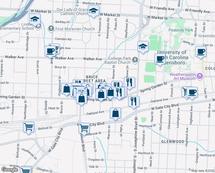 map of restaurants, bars, coffee shops, grocery stores, and more near 118 Poe Street in Greensboro