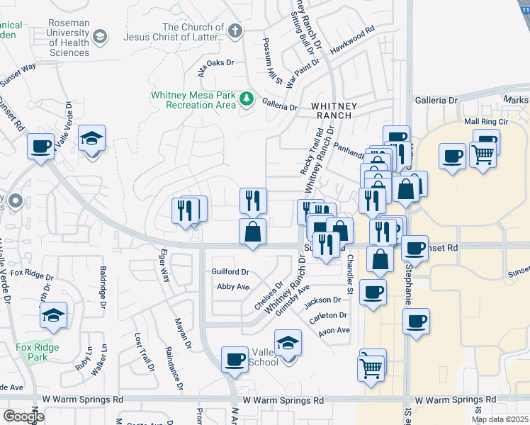 map of restaurants, bars, coffee shops, grocery stores, and more near 625 Whitney Ranch Drive in Henderson