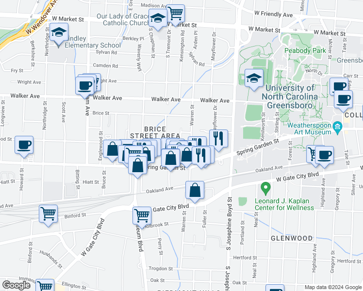 map of restaurants, bars, coffee shops, grocery stores, and more near 1709 Sherwood Street in Greensboro