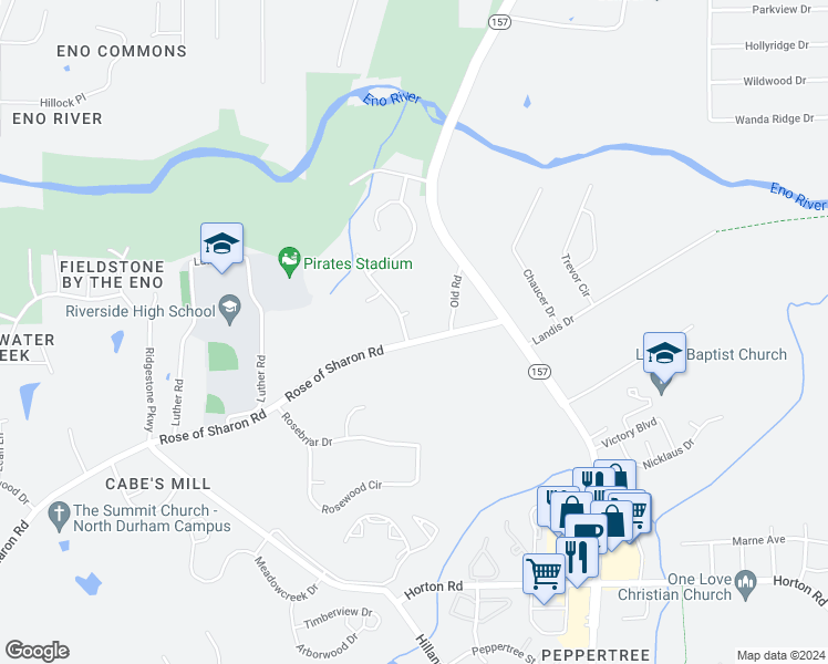 map of restaurants, bars, coffee shops, grocery stores, and more near 3124 Rose of Sharon Road in Durham