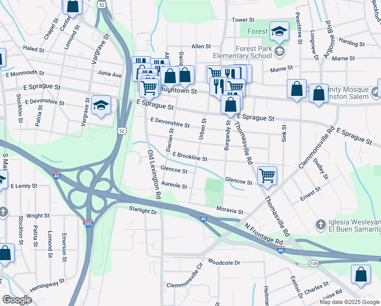 map of restaurants, bars, coffee shops, grocery stores, and more near 741 East Brookline Street in Winston-Salem