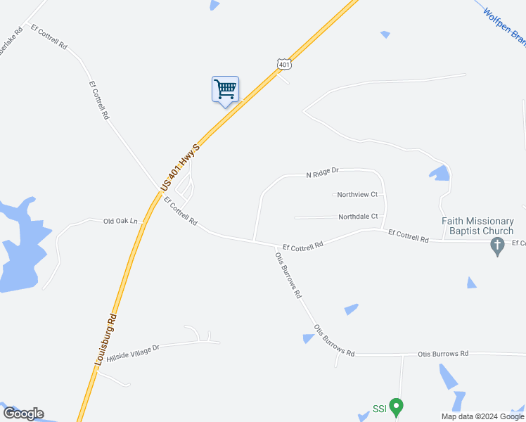 map of restaurants, bars, coffee shops, grocery stores, and more near 30 North Ridge Drive in Louisburg
