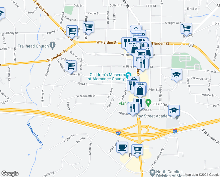 map of restaurants, bars, coffee shops, grocery stores, and more near 315 Holt Avenue in Graham