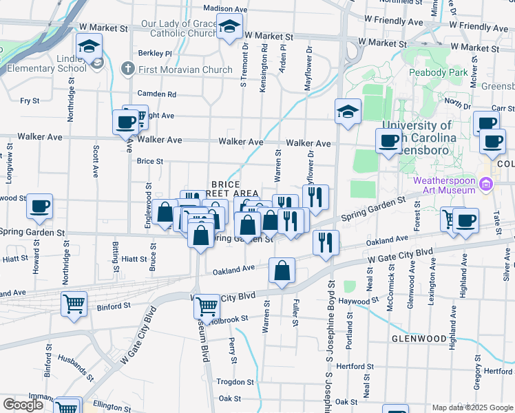 map of restaurants, bars, coffee shops, grocery stores, and more near 1713 Sherwood Street in Greensboro