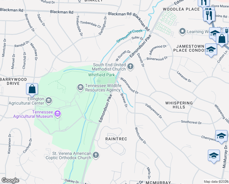 map of restaurants, bars, coffee shops, grocery stores, and more near 696 Brewer Drive in Nashville