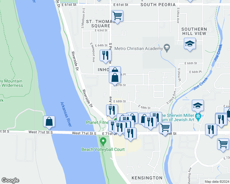 map of restaurants, bars, coffee shops, grocery stores, and more near 6737 South Peoria Avenue in Tulsa