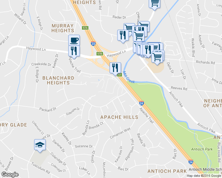 map of restaurants, bars, coffee shops, grocery stores, and more near 3969 Apache Trail in Nashville