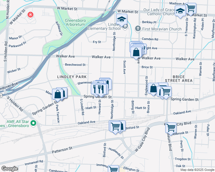 map of restaurants, bars, coffee shops, grocery stores, and more near 2408 Sherwood Street in Greensboro