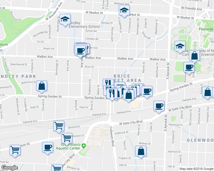 map of restaurants, bars, coffee shops, grocery stores, and more near 715 Holliday Drive in Greensboro