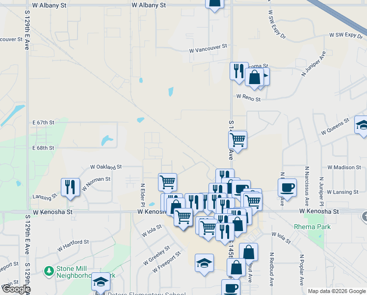map of restaurants, bars, coffee shops, grocery stores, and more near 2602 West Oakland Place in Broken Arrow