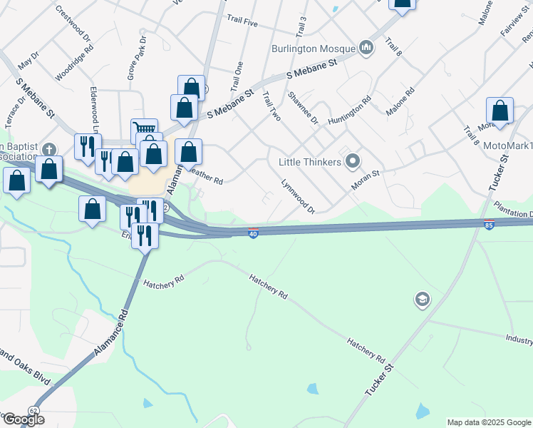 map of restaurants, bars, coffee shops, grocery stores, and more near 2802 Eldermont Street in Burlington