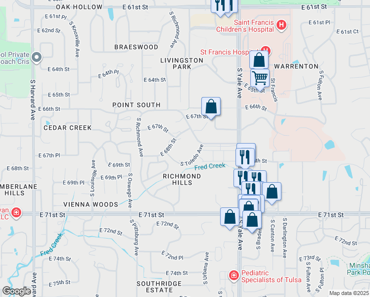 map of restaurants, bars, coffee shops, grocery stores, and more near 4426 East 68th Street in Tulsa