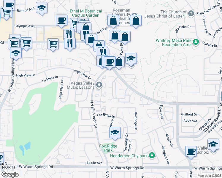 map of restaurants, bars, coffee shops, grocery stores, and more near 639 Pepper Tree Circle in Henderson
