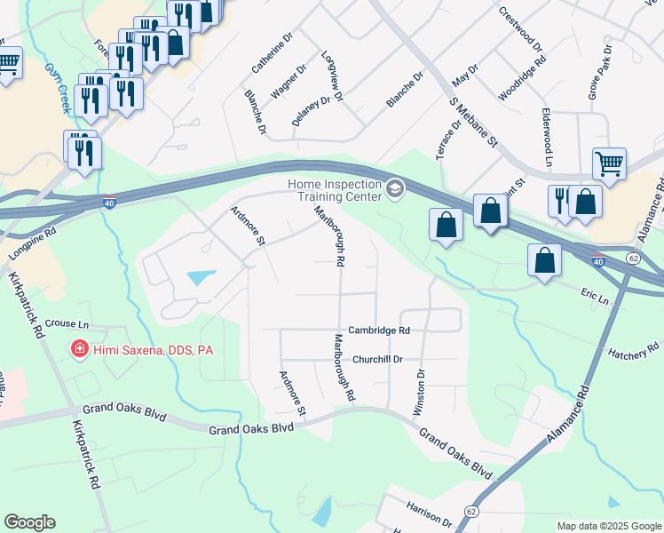 map of restaurants, bars, coffee shops, grocery stores, and more near 3037 Marlborough Road in Burlington