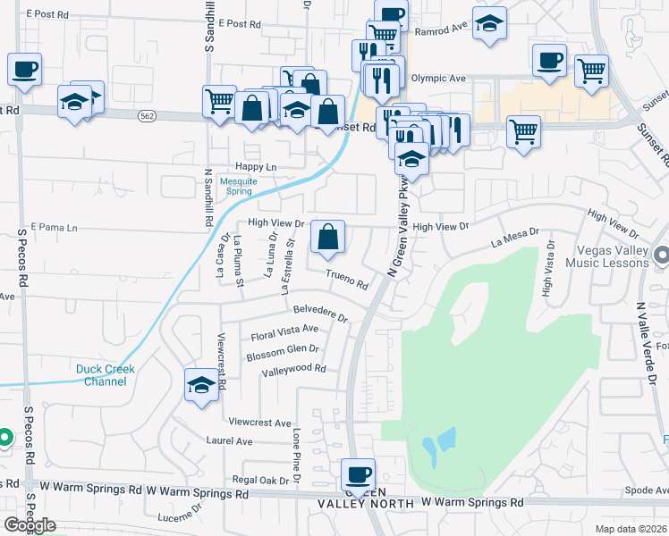map of restaurants, bars, coffee shops, grocery stores, and more near 2410 El Brio Court in Henderson