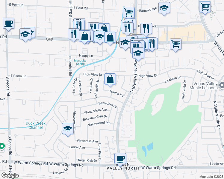 map of restaurants, bars, coffee shops, grocery stores, and more near 2410 El Brio Court in Henderson