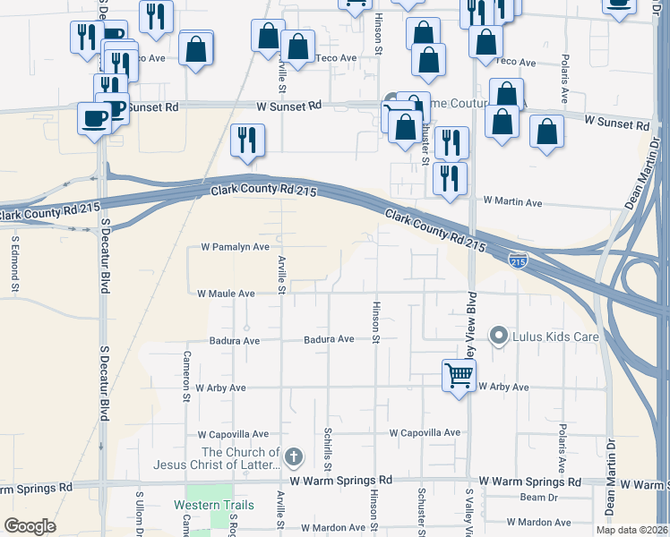 map of restaurants, bars, coffee shops, grocery stores, and more near 6825 Hinson Street in Las Vegas