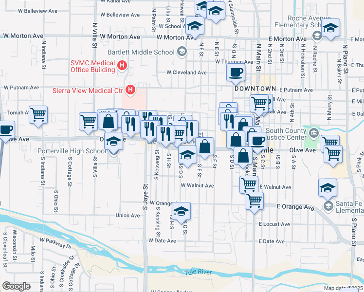 map of restaurants, bars, coffee shops, grocery stores, and more near 285 West Willow Avenue in Porterville