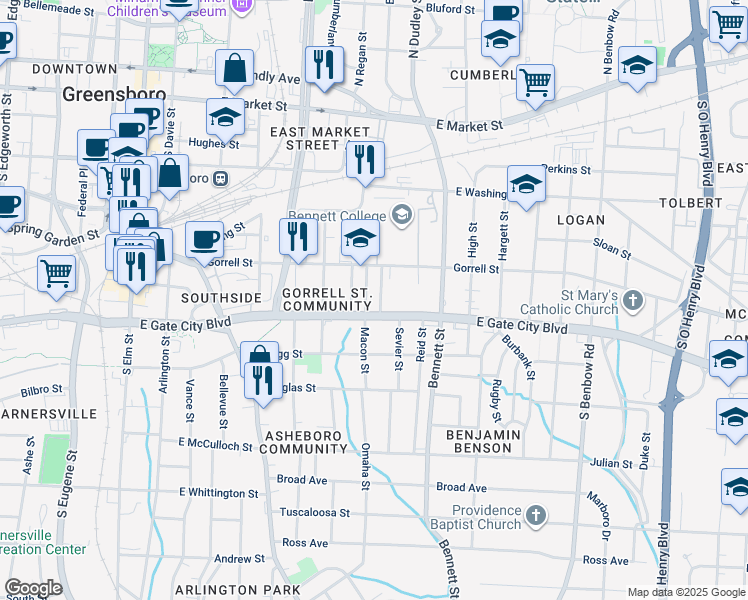 map of restaurants, bars, coffee shops, grocery stores, and more near 606 Sampson Street in Greensboro