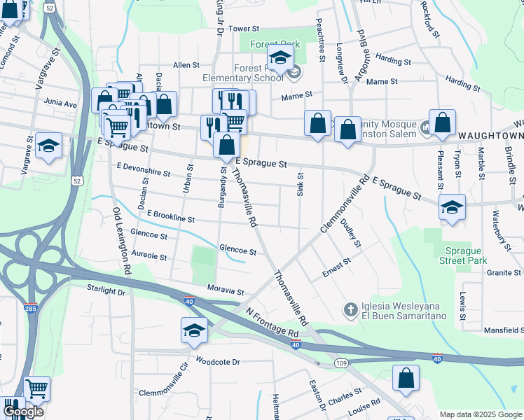 map of restaurants, bars, coffee shops, grocery stores, and more near 1010 Goldfloss Street in Winston-Salem