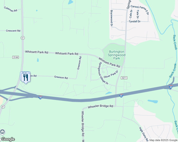 map of restaurants, bars, coffee shops, grocery stores, and more near 1517 Daisy Park Drive in Whitsett