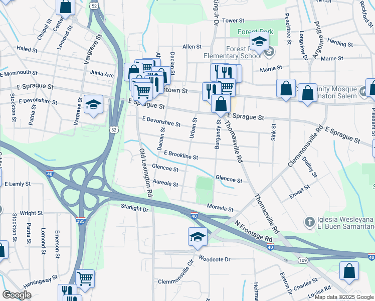 map of restaurants, bars, coffee shops, grocery stores, and more near 2512 Urban Street in Winston-Salem