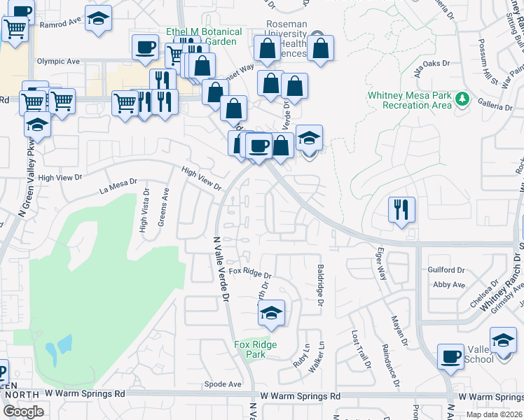 map of restaurants, bars, coffee shops, grocery stores, and more near 639 Pepper Tree Circle in Henderson