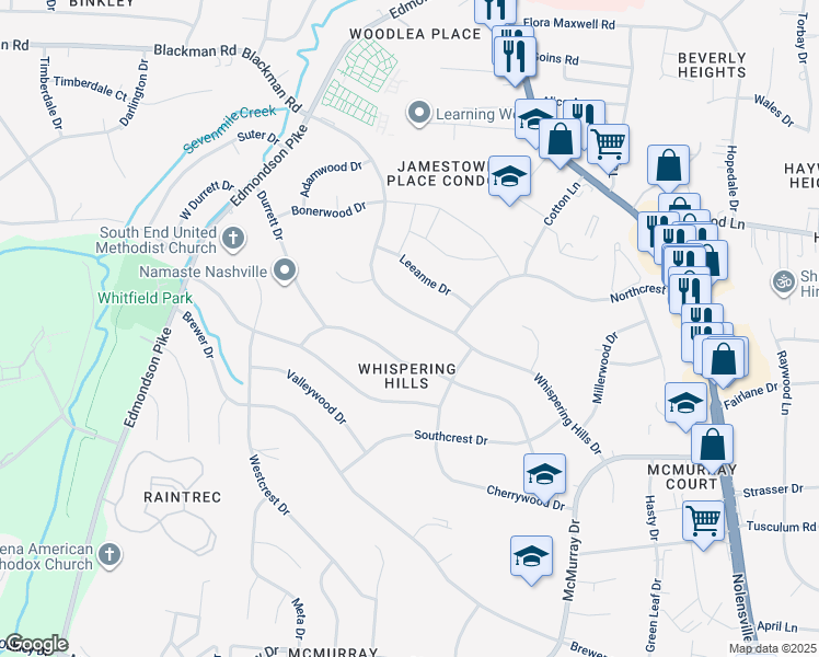 map of restaurants, bars, coffee shops, grocery stores, and more near 568 Whispering Hills Drive in Nashville