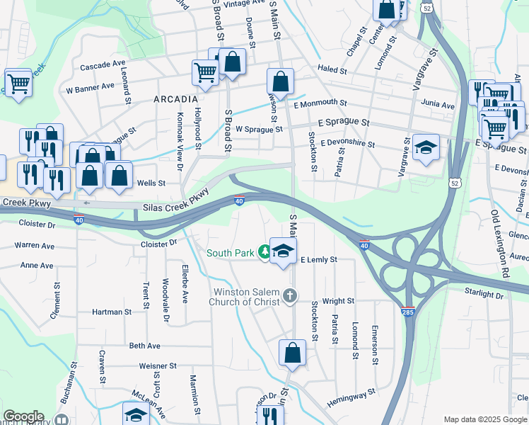 map of restaurants, bars, coffee shops, grocery stores, and more near 65 Edgewood View Lane in Winston-Salem