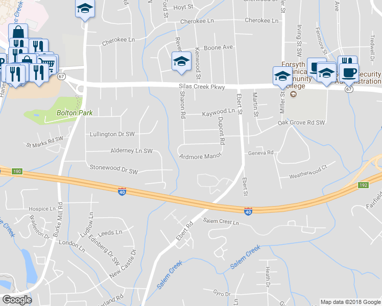 map of restaurants, bars, coffee shops, grocery stores, and more near 2444 Ardmore Manor in Winston Salem