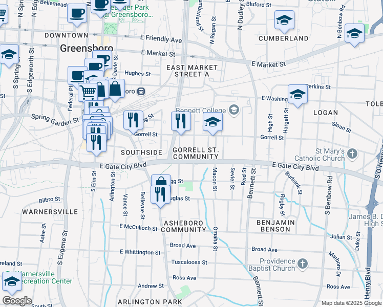 map of restaurants, bars, coffee shops, grocery stores, and more near 614 Martin Street in Greensboro
