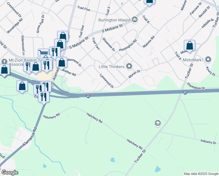 map of restaurants, bars, coffee shops, grocery stores, and more near 820 Trail One in Burlington