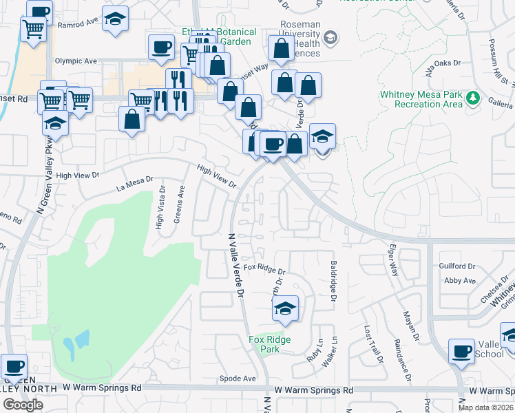 map of restaurants, bars, coffee shops, grocery stores, and more near 642 Cervantes Drive in Henderson