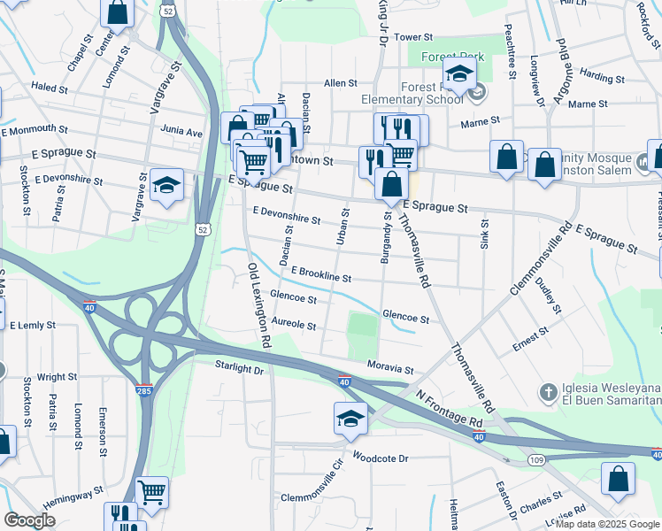 map of restaurants, bars, coffee shops, grocery stores, and more near 2512 Urban Street in Winston-Salem
