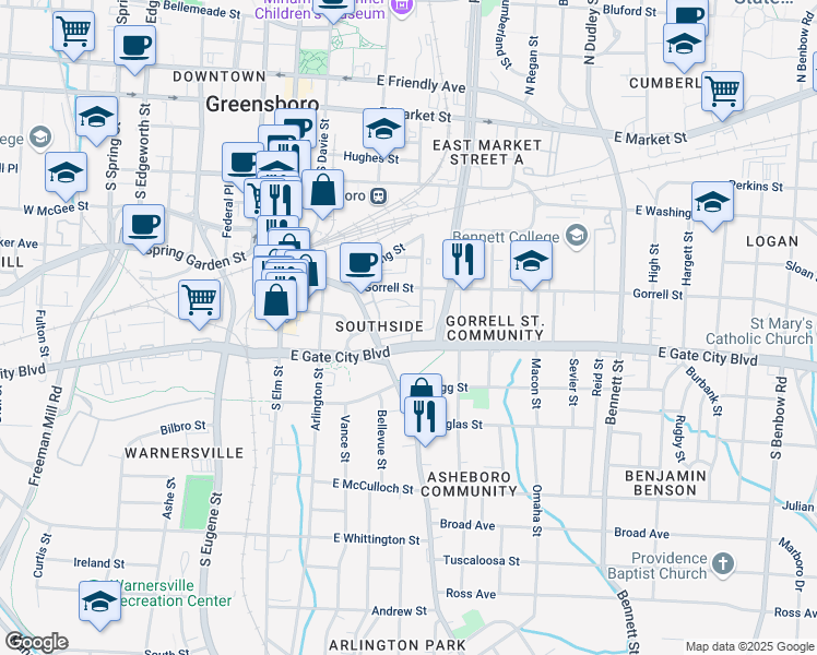 map of restaurants, bars, coffee shops, grocery stores, and more near 338 Murray Street in Greensboro