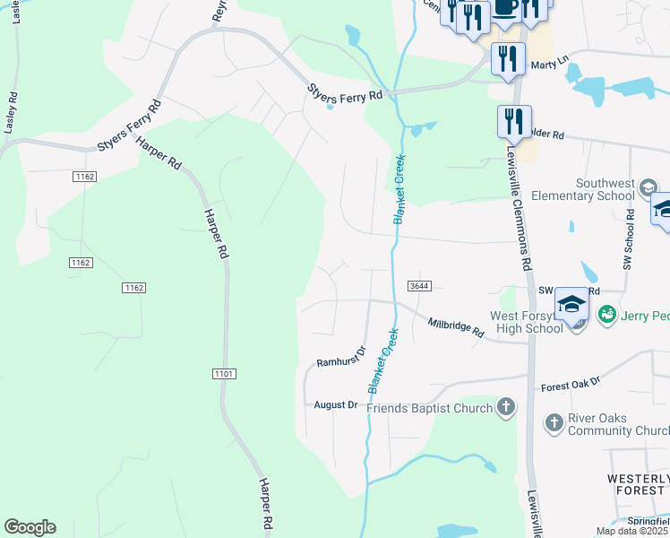 map of restaurants, bars, coffee shops, grocery stores, and more near 1715 Brandywine Drive in Clemmons