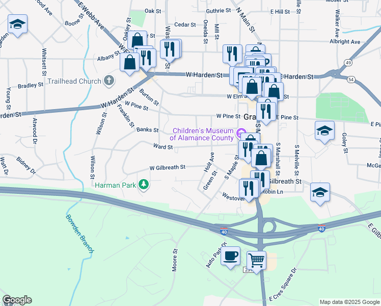 map of restaurants, bars, coffee shops, grocery stores, and more near 404 Ward Street in Graham