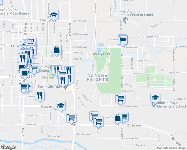 map of restaurants, bars, coffee shops, grocery stores, and more near 0 South Corona Drive in Porterville