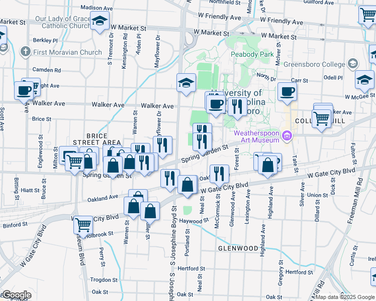 map of restaurants, bars, coffee shops, grocery stores, and more near 1540 Spring Garden Street in Greensboro