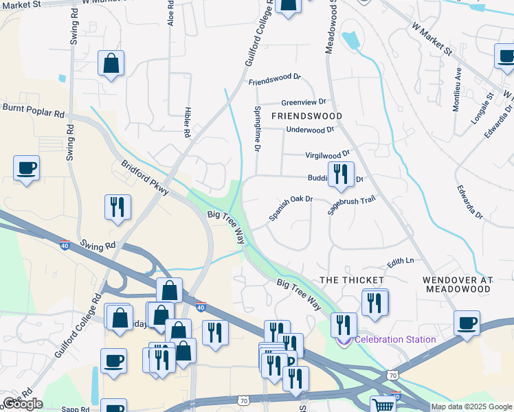 map of restaurants, bars, coffee shops, grocery stores, and more near 5 Shawfield Court in Greensboro