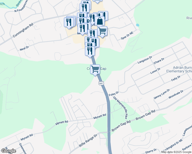 map of restaurants, bars, coffee shops, grocery stores, and more near 6635 Maynardville Pike in Knoxville