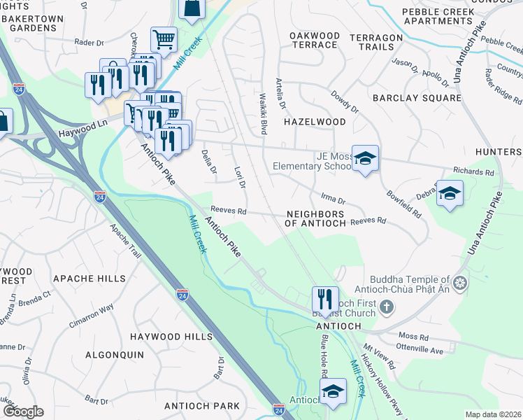 map of restaurants, bars, coffee shops, grocery stores, and more near 886 Reeves Road in Nashville