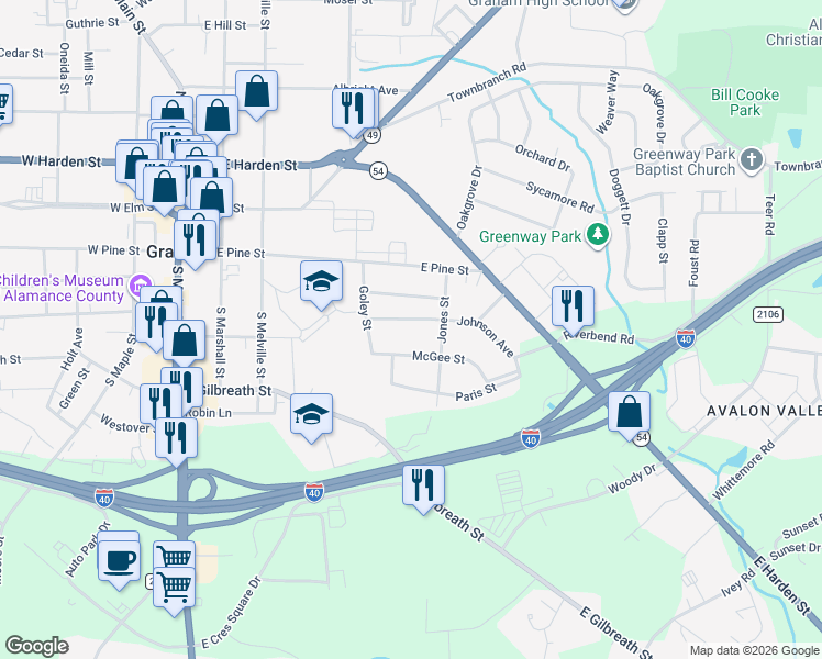 map of restaurants, bars, coffee shops, grocery stores, and more near 508 Johnson Avenue in Graham