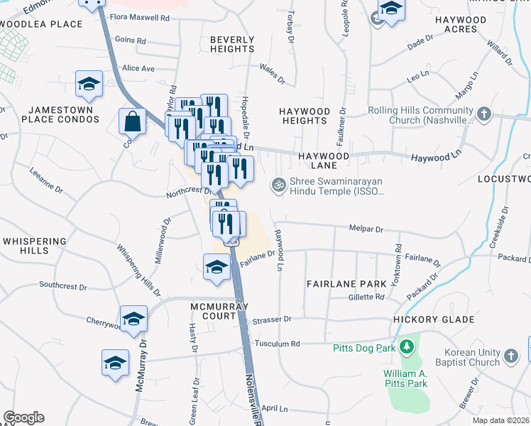 map of restaurants, bars, coffee shops, grocery stores, and more near 4810 Raywood Lane in Nashville