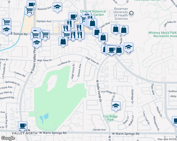 map of restaurants, bars, coffee shops, grocery stores, and more near 2413 Doherty Way in Henderson