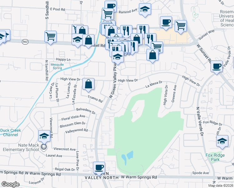 map of restaurants, bars, coffee shops, grocery stores, and more near 2432 Pickwick Drive in Henderson