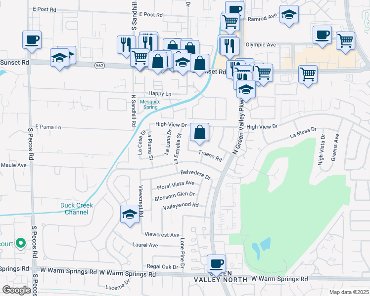 map of restaurants, bars, coffee shops, grocery stores, and more near 2418 La Estrella Street in Henderson
